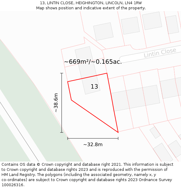13, LINTIN CLOSE, HEIGHINGTON, LINCOLN, LN4 1RW: Plot and title map