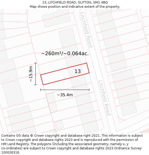 13, LITCHFIELD ROAD, SUTTON, SM1 4BQ: Plot and title map