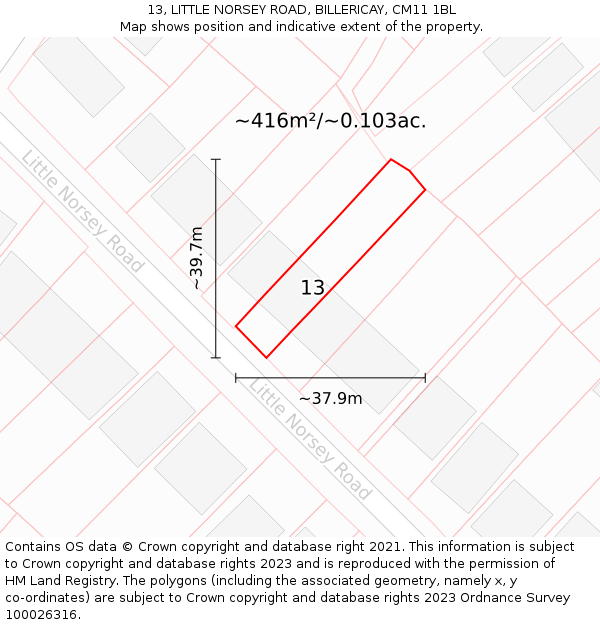 13, LITTLE NORSEY ROAD, BILLERICAY, CM11 1BL: Plot and title map