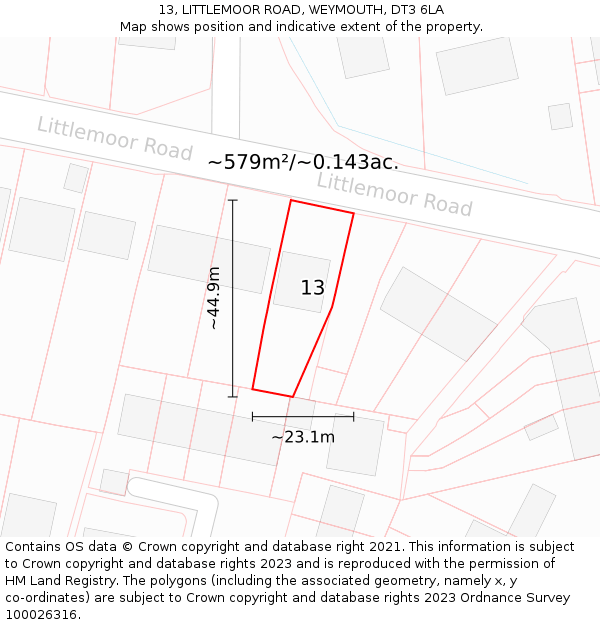 13, LITTLEMOOR ROAD, WEYMOUTH, DT3 6LA: Plot and title map