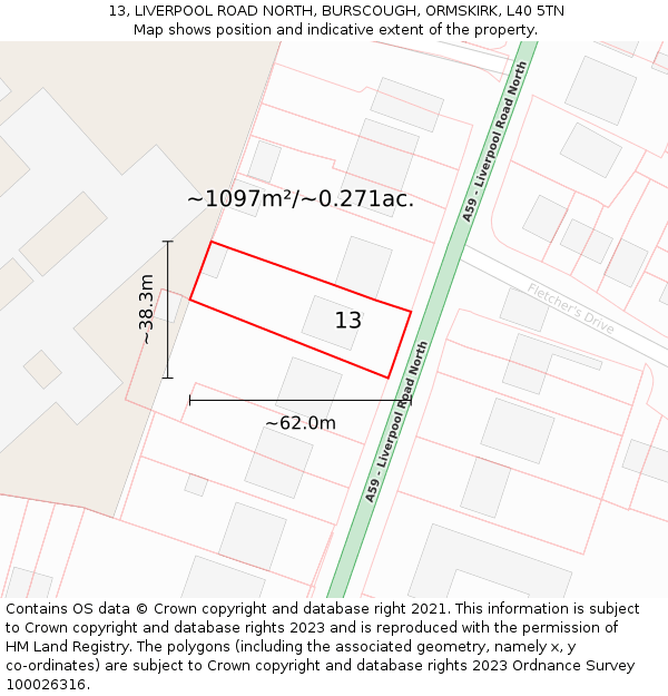 13, LIVERPOOL ROAD NORTH, BURSCOUGH, ORMSKIRK, L40 5TN: Plot and title map