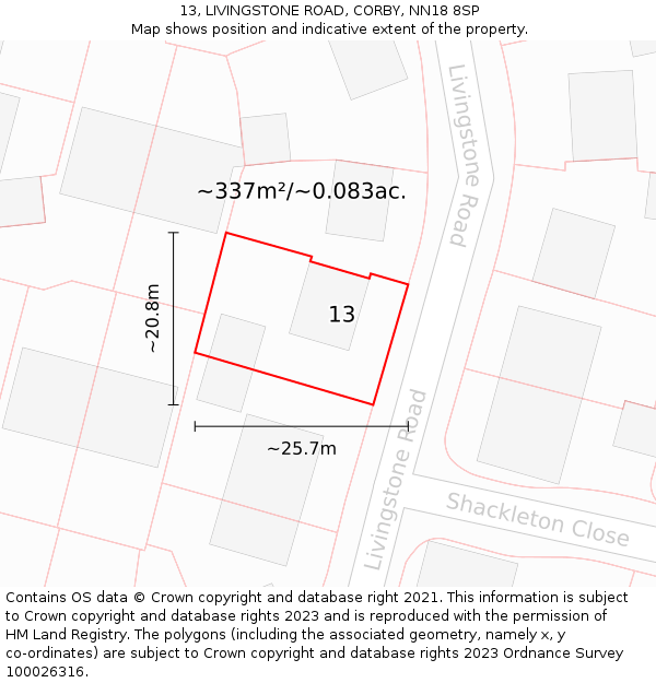 13, LIVINGSTONE ROAD, CORBY, NN18 8SP: Plot and title map