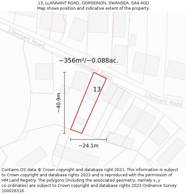 13, LLANNANT ROAD, GORSEINON, SWANSEA, SA4 4GD: Plot and title map