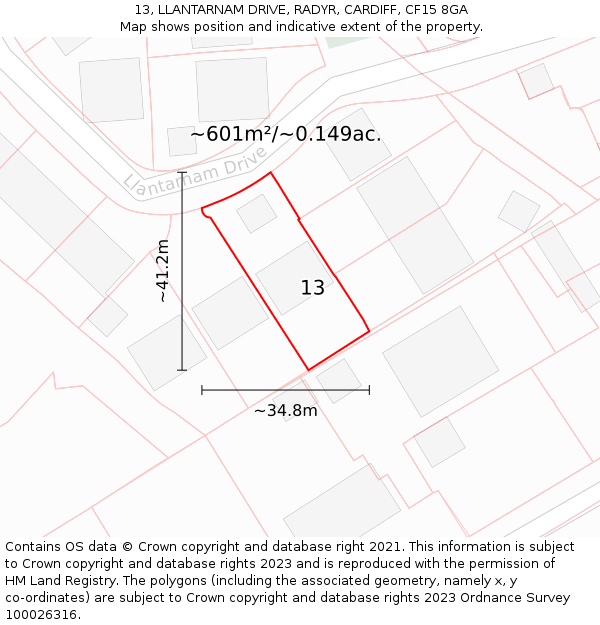 13, LLANTARNAM DRIVE, RADYR, CARDIFF, CF15 8GA: Plot and title map