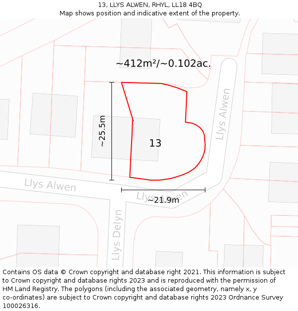 13, LLYS ALWEN, RHYL, LL18 4BQ: Plot and title map