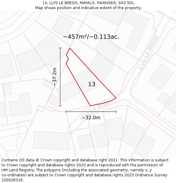 13, LLYS LE BREOS, MAYALS, SWANSEA, SA3 5DL: Plot and title map