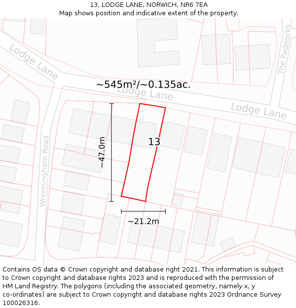 13, LODGE LANE, NORWICH, NR6 7EA: Plot and title map