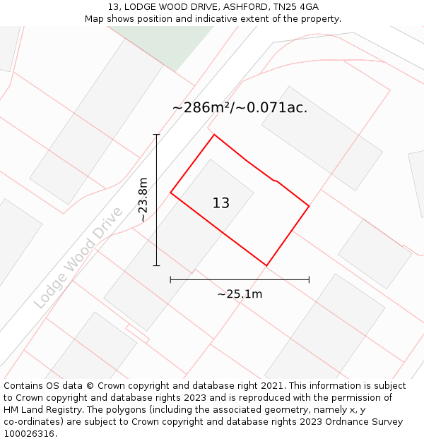 13, LODGE WOOD DRIVE, ASHFORD, TN25 4GA: Plot and title map