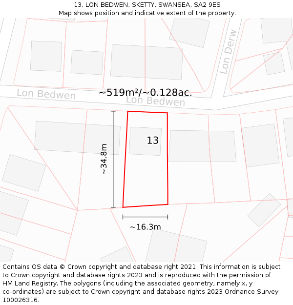 13, LON BEDWEN, SKETTY, SWANSEA, SA2 9ES: Plot and title map