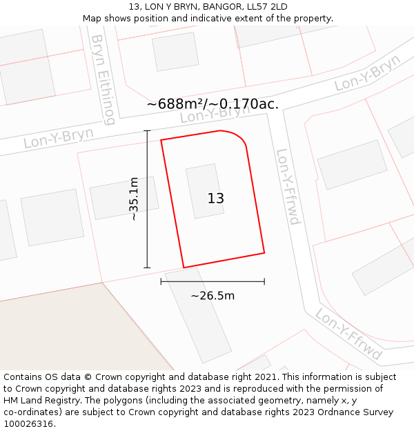 13, LON Y BRYN, BANGOR, LL57 2LD: Plot and title map