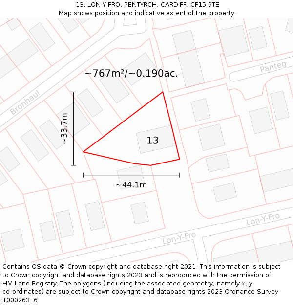 13, LON Y FRO, PENTYRCH, CARDIFF, CF15 9TE: Plot and title map