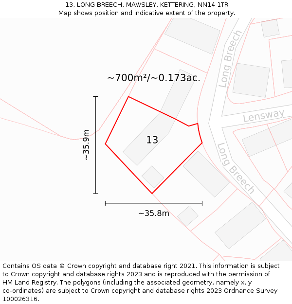 13, LONG BREECH, MAWSLEY, KETTERING, NN14 1TR: Plot and title map