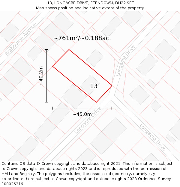 13, LONGACRE DRIVE, FERNDOWN, BH22 9EE: Plot and title map