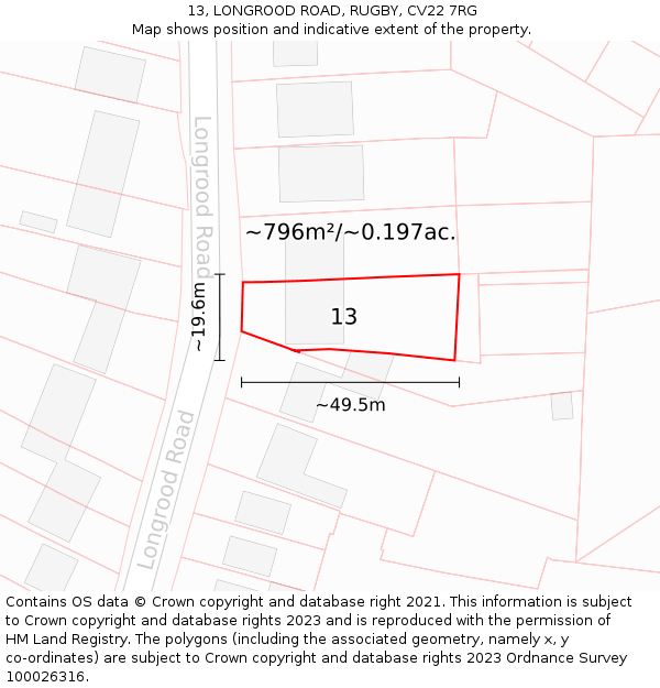 13, LONGROOD ROAD, RUGBY, CV22 7RG: Plot and title map