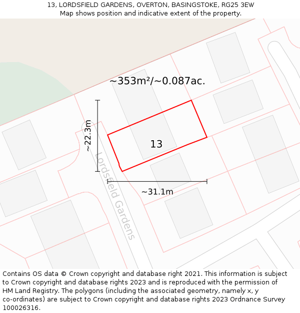 13, LORDSFIELD GARDENS, OVERTON, BASINGSTOKE, RG25 3EW: Plot and title map