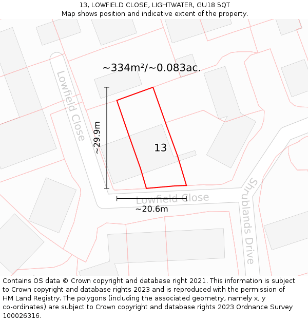 13, LOWFIELD CLOSE, LIGHTWATER, GU18 5QT: Plot and title map