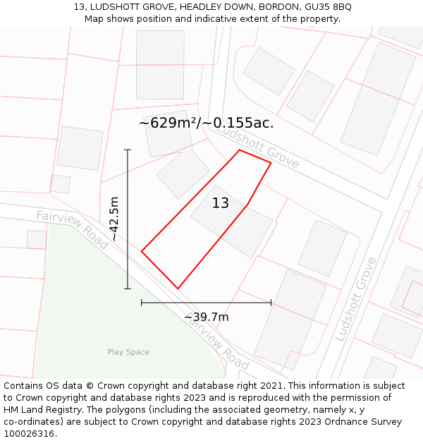 13, LUDSHOTT GROVE, HEADLEY DOWN, BORDON, GU35 8BQ: Plot and title map