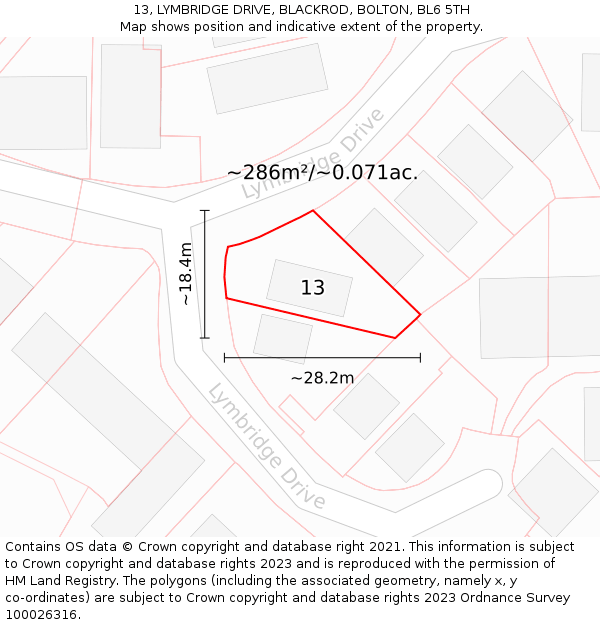 13, LYMBRIDGE DRIVE, BLACKROD, BOLTON, BL6 5TH: Plot and title map