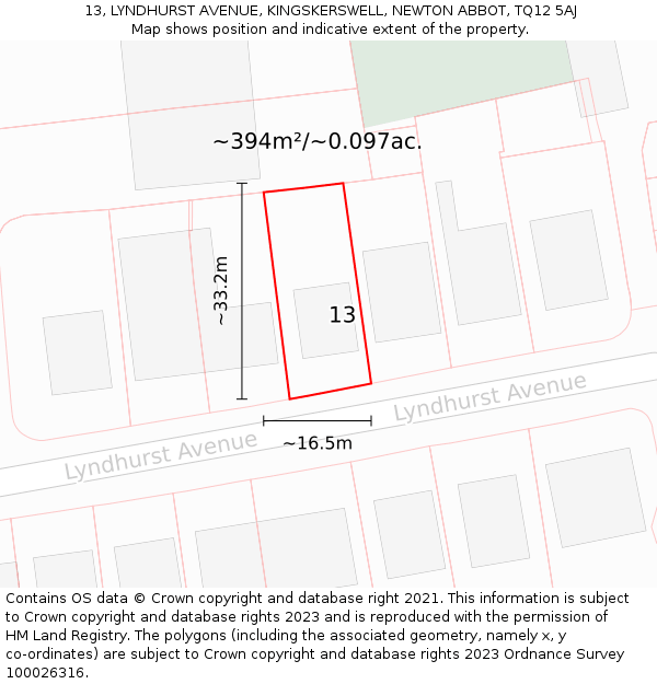 13, LYNDHURST AVENUE, KINGSKERSWELL, NEWTON ABBOT, TQ12 5AJ: Plot and title map