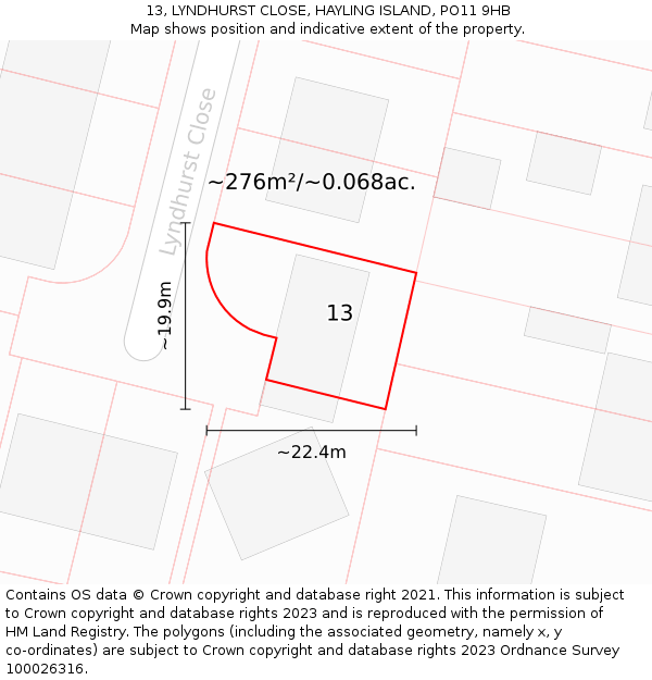 13, LYNDHURST CLOSE, HAYLING ISLAND, PO11 9HB: Plot and title map