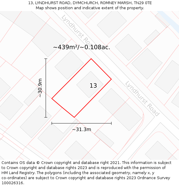 13, LYNDHURST ROAD, DYMCHURCH, ROMNEY MARSH, TN29 0TE: Plot and title map
