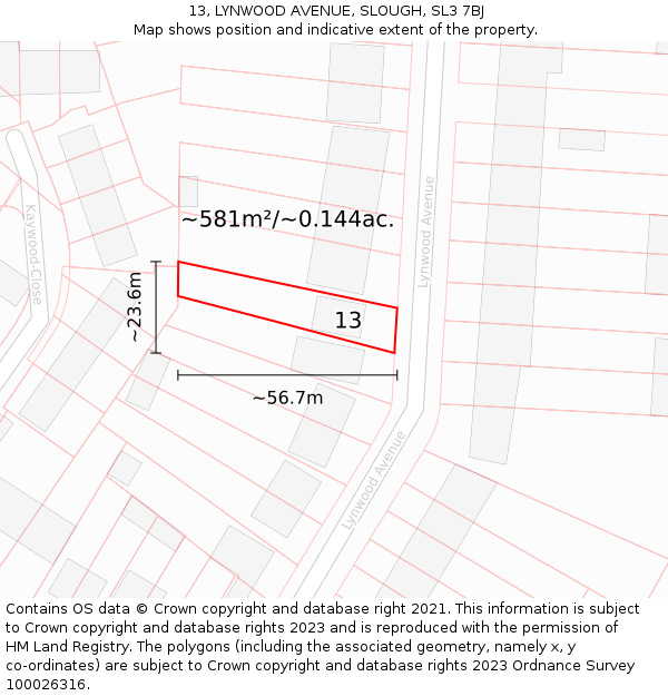 13, LYNWOOD AVENUE, SLOUGH, SL3 7BJ: Plot and title map