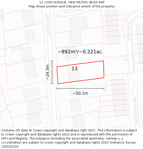 13, LYON AVENUE, NEW MILTON, BH25 6AP: Plot and title map
