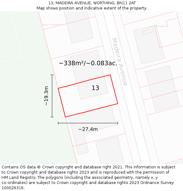 13, MADEIRA AVENUE, WORTHING, BN11 2AT: Plot and title map