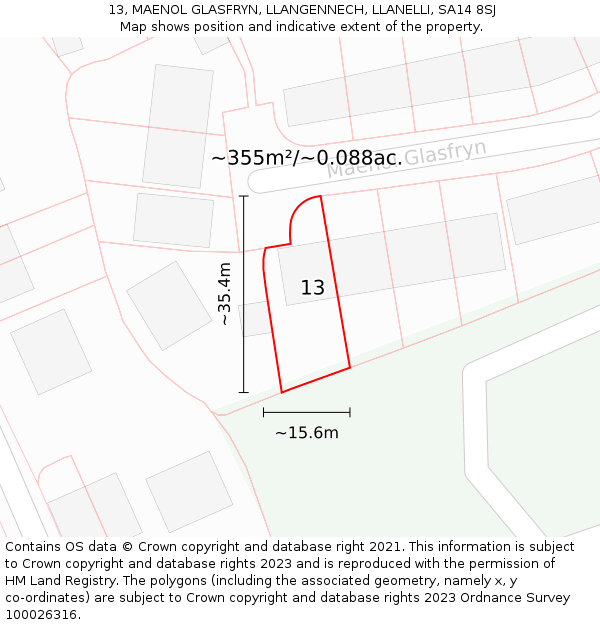 13, MAENOL GLASFRYN, LLANGENNECH, LLANELLI, SA14 8SJ: Plot and title map