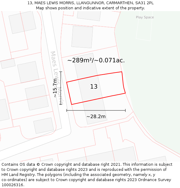 13, MAES LEWIS MORRIS, LLANGUNNOR, CARMARTHEN, SA31 2PL: Plot and title map