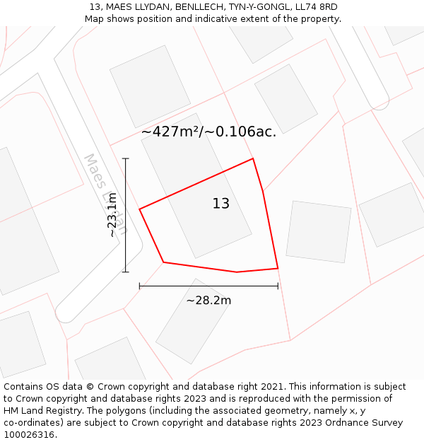 13, MAES LLYDAN, BENLLECH, TYN-Y-GONGL, LL74 8RD: Plot and title map