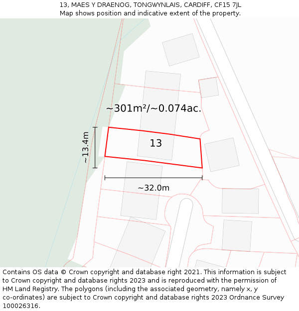 13, MAES Y DRAENOG, TONGWYNLAIS, CARDIFF, CF15 7JL: Plot and title map