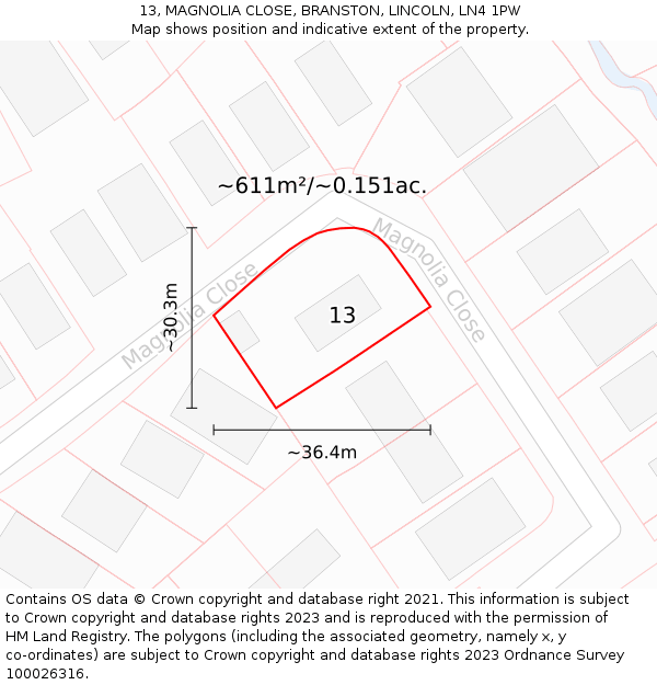 13, MAGNOLIA CLOSE, BRANSTON, LINCOLN, LN4 1PW: Plot and title map