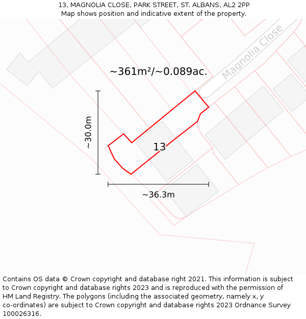 13, MAGNOLIA CLOSE, PARK STREET, ST. ALBANS, AL2 2PP: Plot and title map