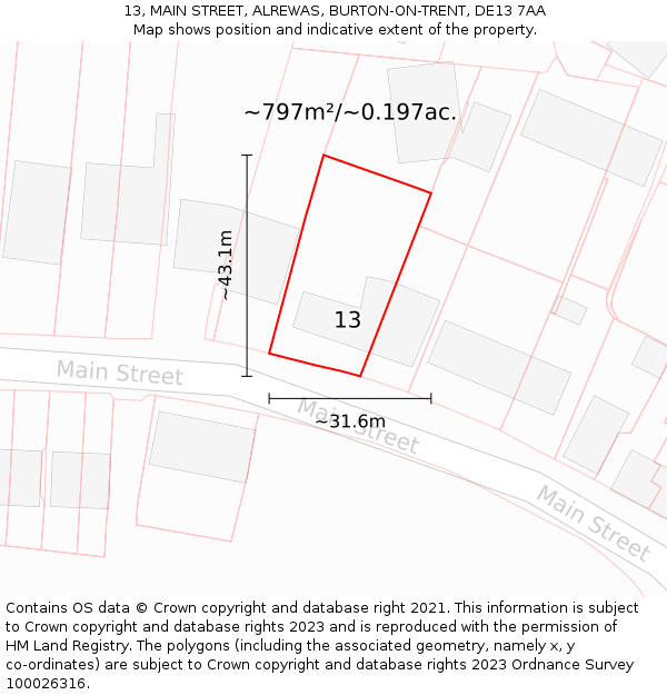 13, MAIN STREET, ALREWAS, BURTON-ON-TRENT, DE13 7AA: Plot and title map