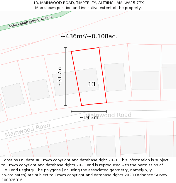 13, MAINWOOD ROAD, TIMPERLEY, ALTRINCHAM, WA15 7BX: Plot and title map