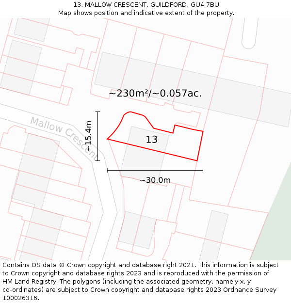 13, MALLOW CRESCENT, GUILDFORD, GU4 7BU: Plot and title map