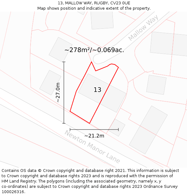 13, MALLOW WAY, RUGBY, CV23 0UE: Plot and title map