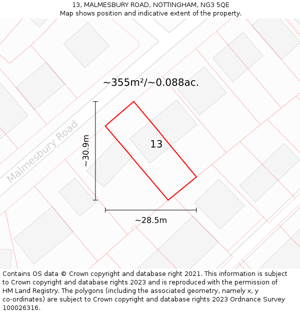 13, MALMESBURY ROAD, NOTTINGHAM, NG3 5QE: Plot and title map