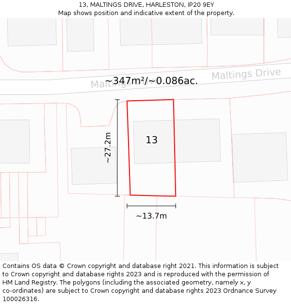 13, MALTINGS DRIVE, HARLESTON, IP20 9EY: Plot and title map