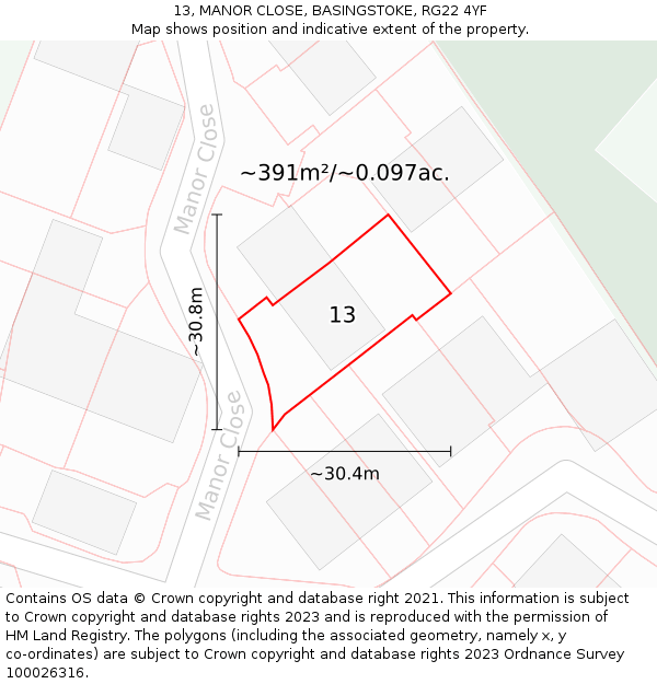 13, MANOR CLOSE, BASINGSTOKE, RG22 4YF: Plot and title map