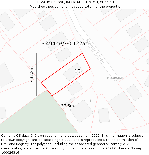 13, MANOR CLOSE, PARKGATE, NESTON, CH64 6TE: Plot and title map