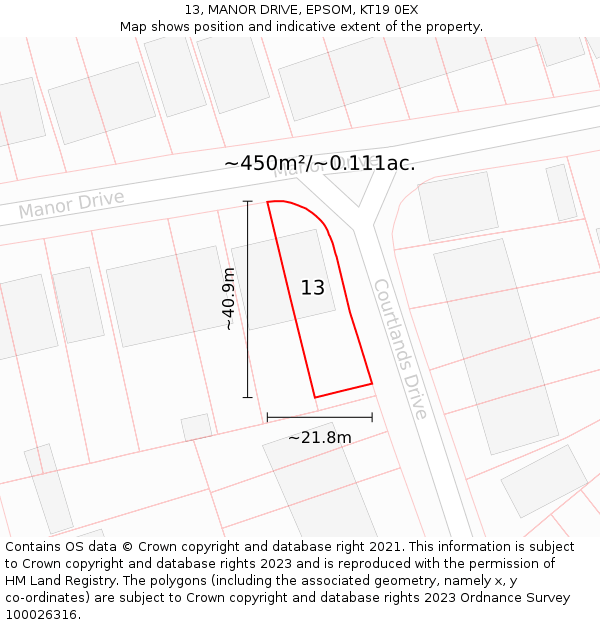 13, MANOR DRIVE, EPSOM, KT19 0EX: Plot and title map