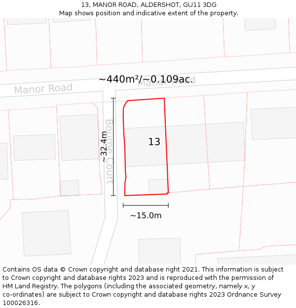 13, MANOR ROAD, ALDERSHOT, GU11 3DG: Plot and title map