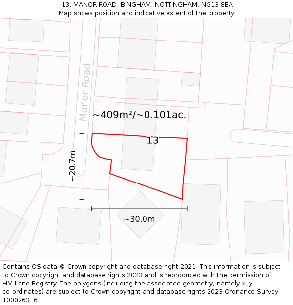 13, MANOR ROAD, BINGHAM, NOTTINGHAM, NG13 8EA: Plot and title map