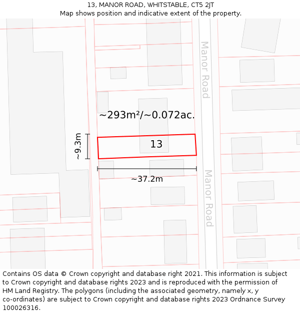 13, MANOR ROAD, WHITSTABLE, CT5 2JT: Plot and title map