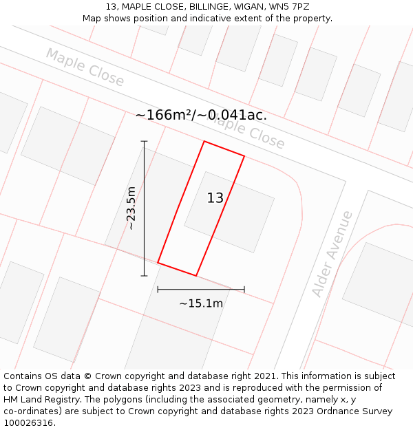 13, MAPLE CLOSE, BILLINGE, WIGAN, WN5 7PZ: Plot and title map