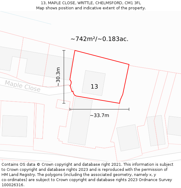 13, MAPLE CLOSE, WRITTLE, CHELMSFORD, CM1 3FL: Plot and title map