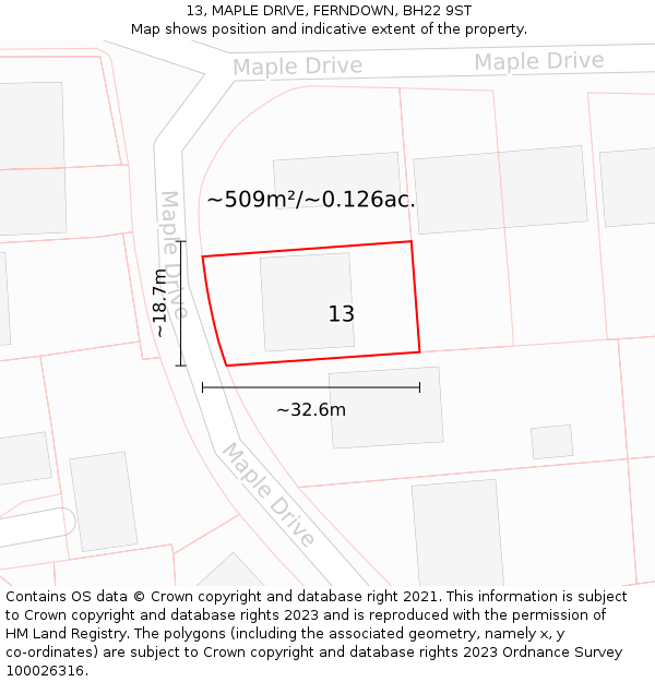 13, MAPLE DRIVE, FERNDOWN, BH22 9ST: Plot and title map