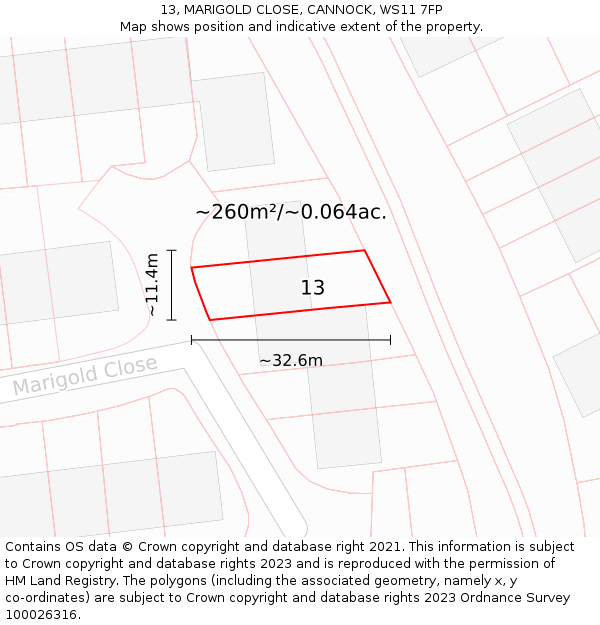 13, MARIGOLD CLOSE, CANNOCK, WS11 7FP: Plot and title map